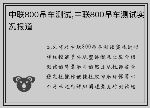 中联800吊车测试,中联800吊车测试实况报道