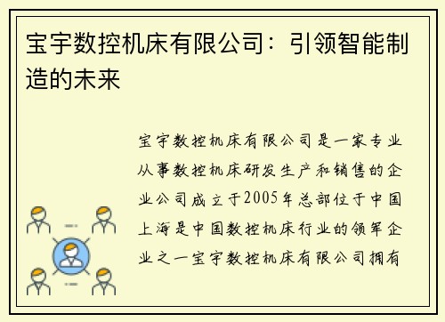 宝宇数控机床有限公司：引领智能制造的未来